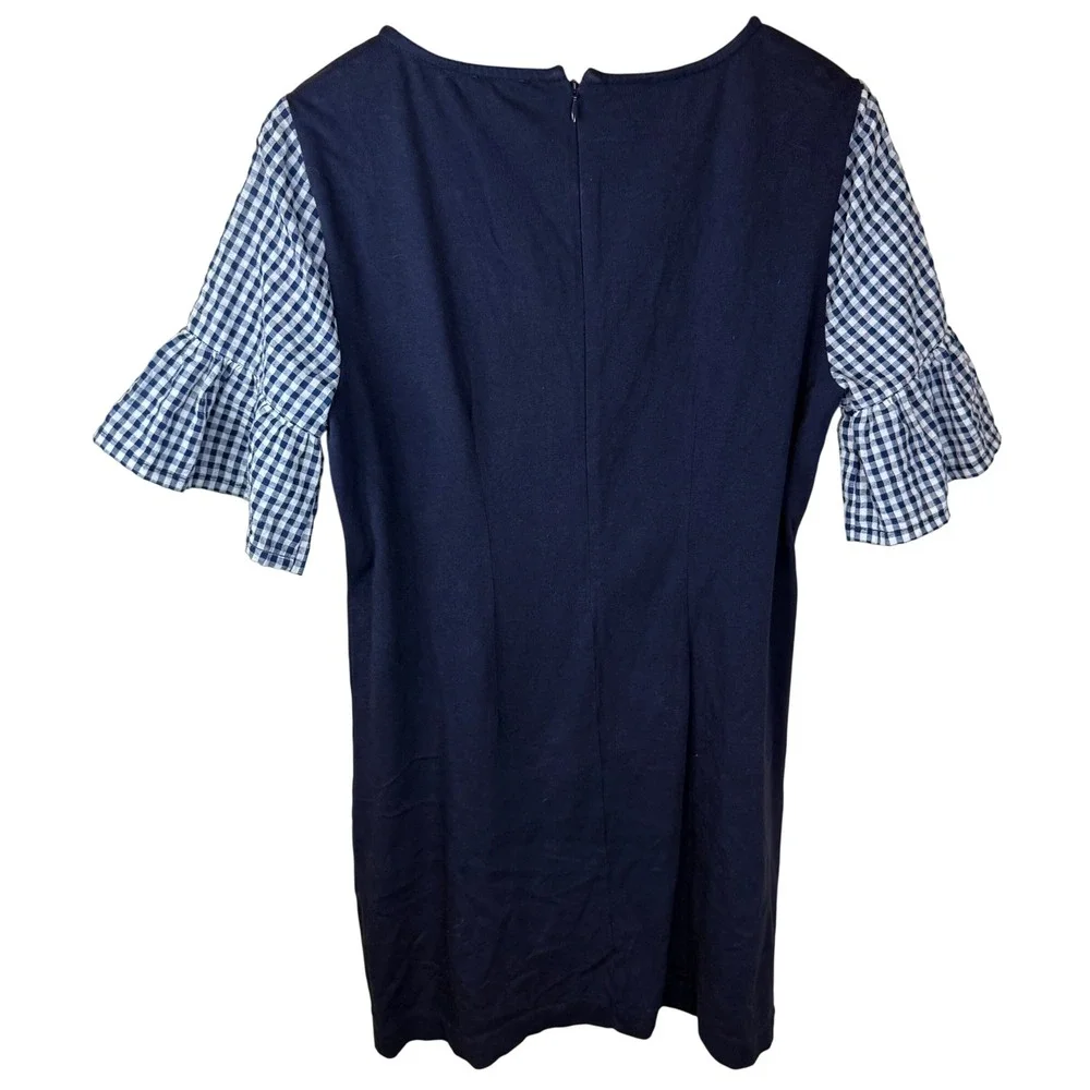 J. Crew Printed‎ Navy Blue Dress Gingham Ruffle Bell Sleeve Cotton Career M